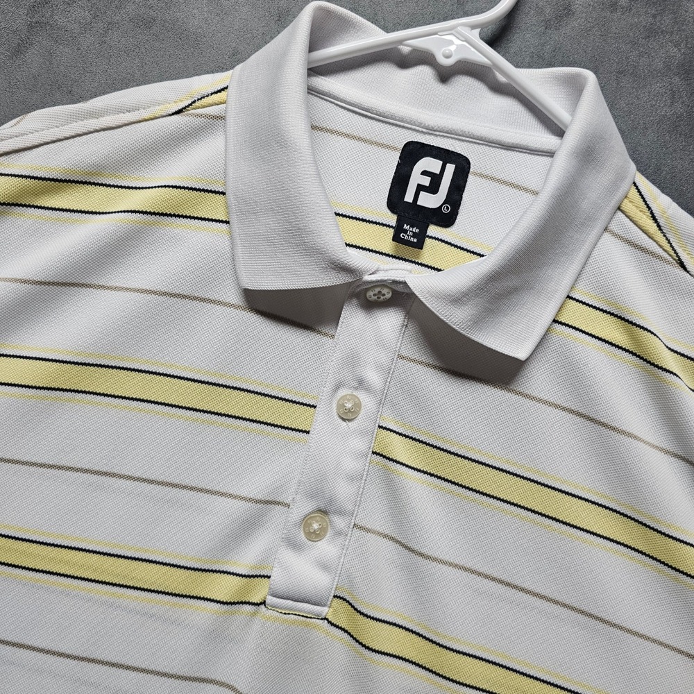 FootJoy ProDry Mens Large White Yellow Striped Short Sleeve Golf Polo Shirt